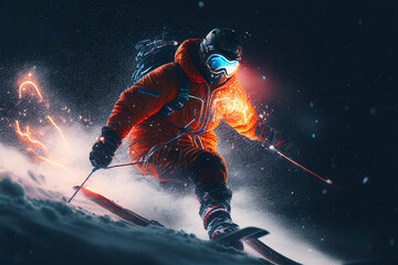 Fototapeta na wymiar Skiing in action. Sportsman in ski suit. Beautiful mountains. Skiing high in the mountains. High speed. Generative AI