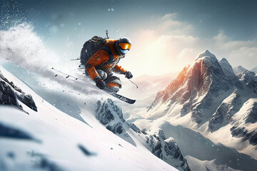 Sportsman in ski suit. Skiing in action. Skiing high in the mountains. Side view. High speed. Generative AI