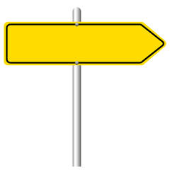 Blank arrow shaped yellow road sign on white background