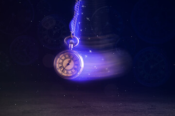 Fototapeta na wymiar Hypnosis session. Vintage pocket watch with chain swinging over surface on dark background among faded clock faces, magic motion effect