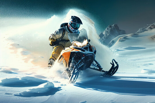 Extreme sports. Snowmobiling. Winter recreation and sports. Illustration of a young man riding a snowmobile. Active lifestyle. Generative AI