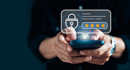 Businessman using smartphone with identity login password on virtual screen display