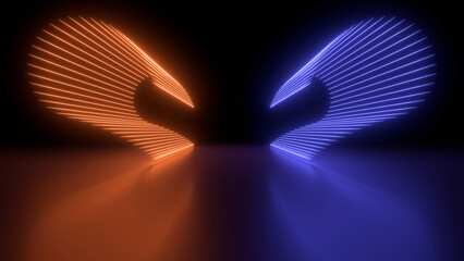 Sci Fy neon glowing wave lines in a dark hall. Reflections on the floor. Empty background in the center. 3d rendering image. Abstract glowing lines. Techology futuristic background.