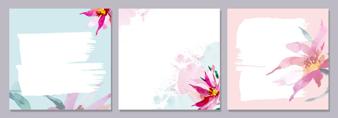 Templates of posts for social networks with pink flowers. Square social media templates with a ready-made design for text. Web banner, frame with abstract watercolor flowers