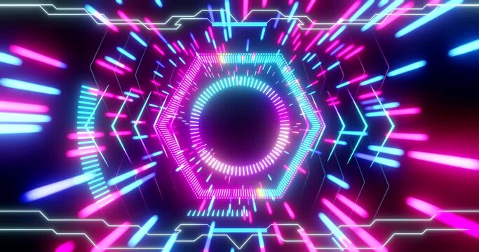 abstract of hi-tech hub in cyber punk conception consist of line, dot and geometric shape each element is glowing as colorful tone.