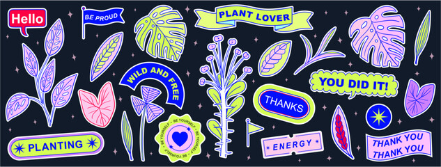 Fototapeta na wymiar Set Collection of elements patches, labels, tags, stickers, and stamps. Plant lover, Planet, plants, recycle, save the planet, monstera deliciosa. Vector set, trendy 