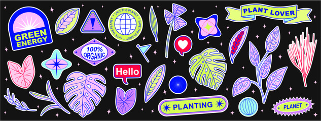 Fototapeta na wymiar Set Collection of elements patches, labels, tags, stickers, and stamps. Save the Planet, plants, recycle, plant lover. Vector set, trendy 