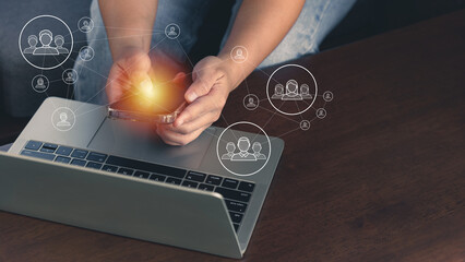 Customer communication technology, person using infographic with global structure customer network technology, social media, digital marketing online.