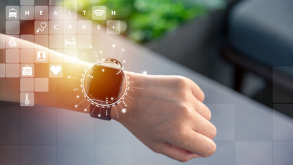 Smartwatch technology, person using smartwatch application for healthcare wellness, innovation concept.