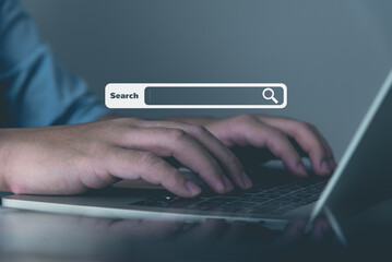 Search engine technology, person using keyboard typing find online information, network...