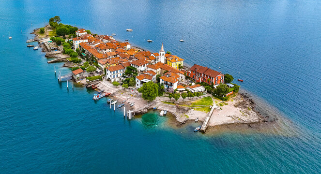 Aerial view of Isola Superiore, or Isola dei Pescatori or Island of the Fishermen in Borromean islands archipelago in Lake Maggiore, Italy