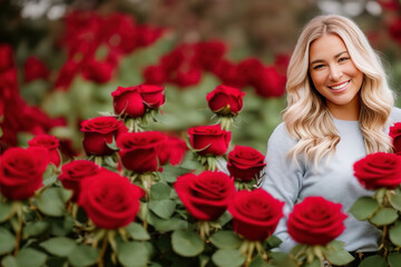 Portrait of a beautiful woman surrounded by red roses on valentine's day.