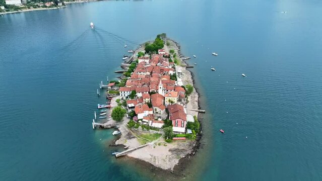 Aerial view of Isola Superiore, or Isola dei Pescatori or Island of the Fishermen in Borromean islands archipelago in Lake Maggiore, Italy