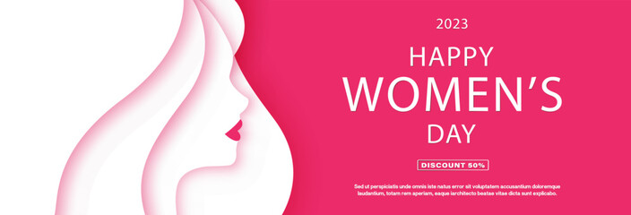 8 March International Women's Day Vector Illustration Concept. Paper Cutout Girl Face on pink background. 8 march vector illustration. Template for UI, Web, Banner, or Greeting Card. Place for text