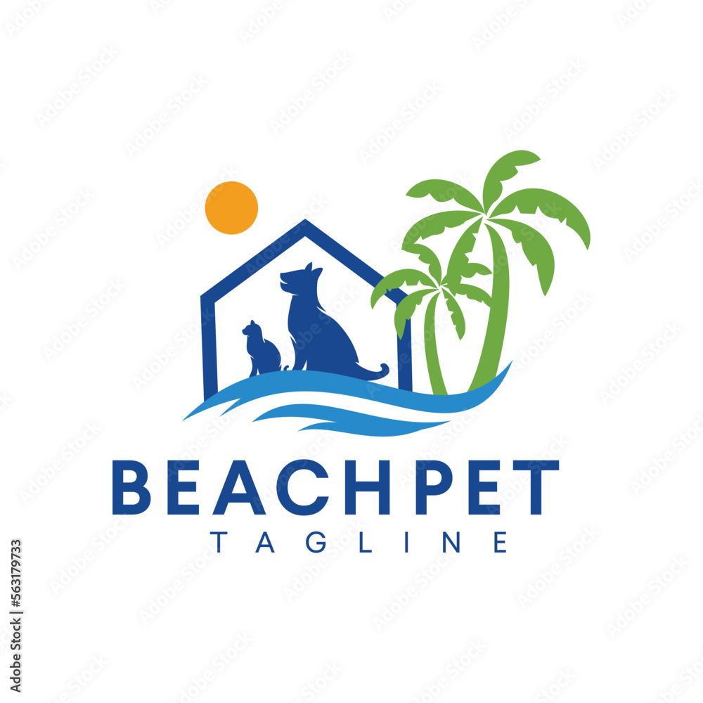 Wall mural Vector illustration pets dog and cat logo island background beach sun for pet shop