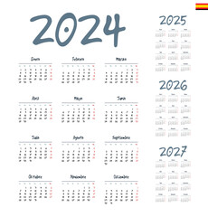 Spanish calendar 2024, 2025, 2026, 2027. Week starts on Monday