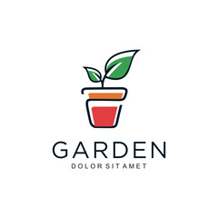 Flower pot and plant logo Growth line art vector illustration of garden