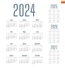 Spanish calendar 2024, 2025, 2026, 2027. Week starts on Monday