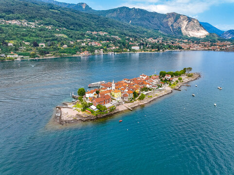 Aerial view of Isola Superiore, or Isola dei Pescatori or Island of the Fishermen in Borromean islands archipelago in Lake Maggiore, Italy