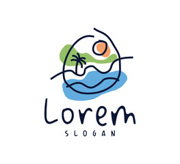 Obraz premium Abstract summer beach sun and blue wave logo line icon vector