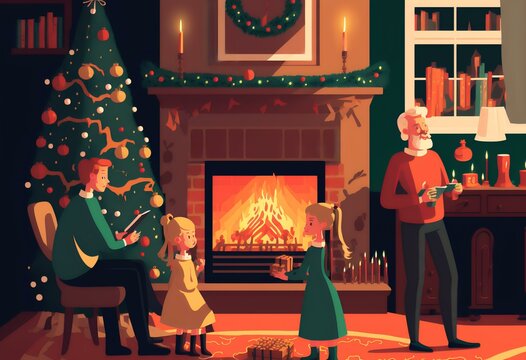 Family Gathered Around The Fireplace On Christmas Morning, With The Fireplace And Decorated Mantel In The Background, DIGITAL ART (AI Generated)