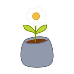  cute blue potted flower illustration with one beautiful daisy, hand drawn cute flower in a pot illustration