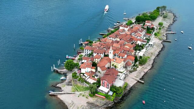Aerial view of Isola Superiore, or Isola dei Pescatori or Island of the Fishermen in Borromean islands archipelago in Lake Maggiore, Italy