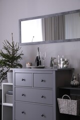 Beautiful room interior decorated for Christmas with potted fir