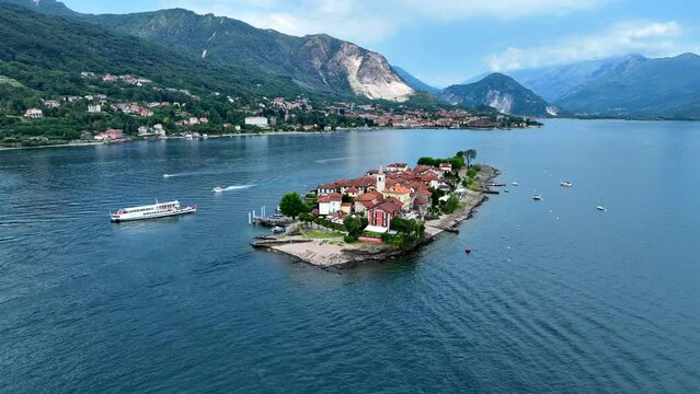 Aerial view of Isola Superiore, or Isola dei Pescatori or Island of the Fishermen in Borromean islands archipelago in Lake Maggiore, Italy