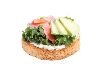 Tasty rusk with salmon, cream cheese and avocado isolated on white