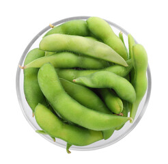Bowl with green edamame pods on white background, top view