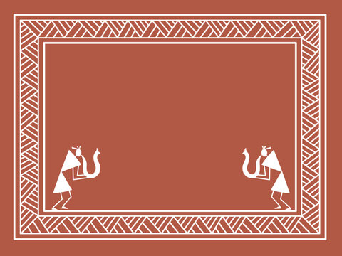 Frame from traditional Indian ornament  and trumpeters. Sora art of idittals or warli painting.