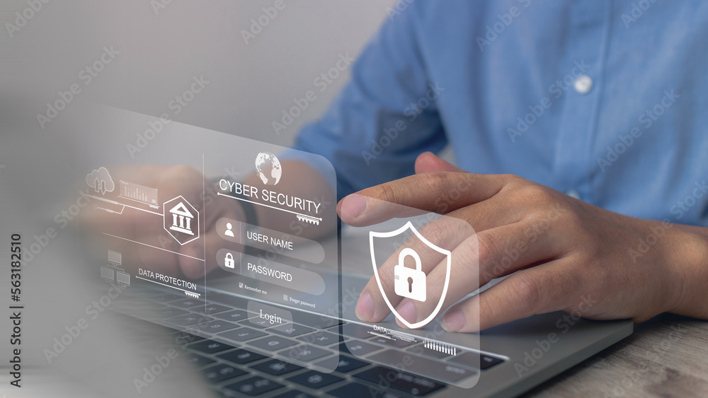 Poster cybersecurity and privacy concepts to protect data.user typing login and password on laptop computer