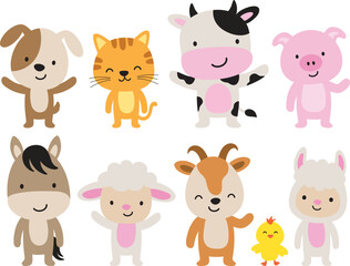 Obraz premium Cute farm animals in standing position vector illustration. The set includes a cow, pig, horse, sheep, goat, llama, chicken, dog, and cat.