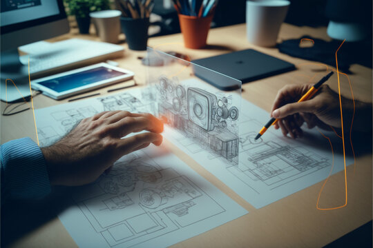 Close up ux developer and ui designer use augmented reality brainstorming about mobile app interface wireframe design on desk at modern office
