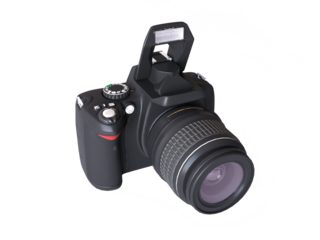 Professional SLR camera with a mirror lens isolated on a white background, close-up. Black modern camera for studio photographer. 3d render illustration.