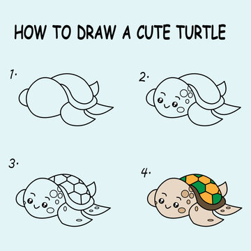 How to draw Cute Turtle. Good for drawing child kid illustration. Vector illustration	
