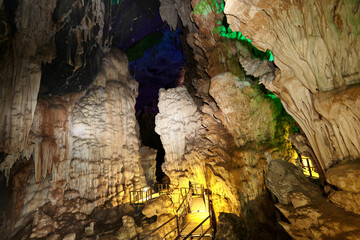 A beautiful of stalagmite and stalactite in the big cave at Phu Pha Petch cave in Thailand