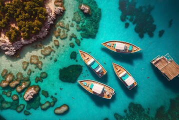 Fototapeta na wymiar Aerial perspective of boats on the sea. Summer seascape featuring crystal clear water on a sunny day. A top-down view of boats captured by a drone4 generative AI