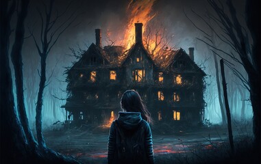 Fototapeta illustration numérique, personnage féminin de dos devant une maison en feu et flammes, centré, ambiance d'horreur et dramatique obraz