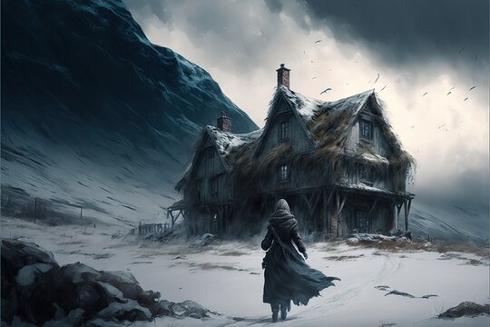illustration numérique de fantaisie médiévale, personnage de dos face à une maison dans un paysage désolé