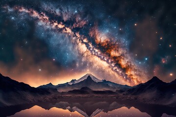 illustration de paysage rocheux avec un ciel étoilé avec nébuleuse galactique colorée  - obrazy, fototapety, plakaty