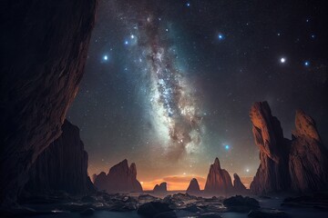 illustration de paysage rocheux avec un ciel étoilé avec nébuleuse galactique colorée © nyothep