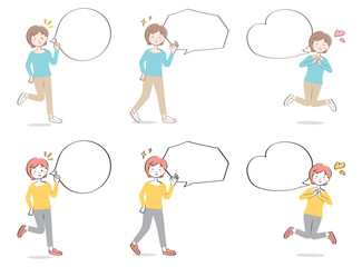 ふきだしとカジュアル姿の若い女性　嬉しい　喜ぶ　全身