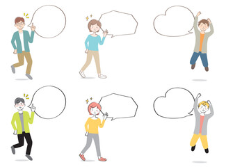 ふきだしとカジュアル姿の若い男女　嬉しい　喜ぶ　全身