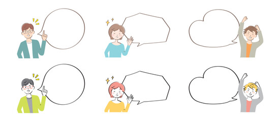 ふきだしとカジュアル姿の若い男女　嬉しい　喜ぶ　上半身