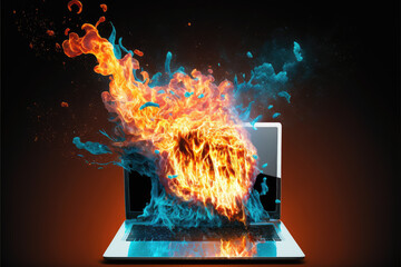 Illustration of a Laptop on Fire - Keywords: Laptop, Fire, Explosion, Burn, Damage, Technology, Electronic, Heat, Safety, Warning