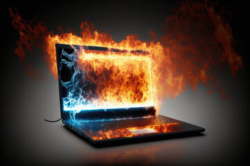 Illustration of a Laptop on Fire - Keywords: Laptop, Fire, Explosion, Burn, Damage, Technology, Electronic, Heat, Safety, Warning