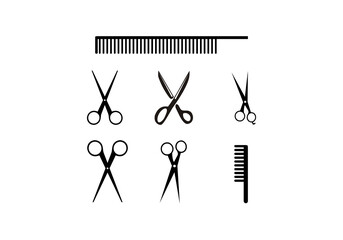 Set of barber accessories for cutting and trimming hair and shaving. Scissors, brush and razor icon Vector Illustration