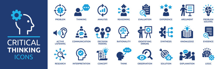 Fototapeta Critical thinking icon set. Containing think, problem-solving, analysis, reasoning, evaluation, experience, research, logic and listening icons. Solid icon collection. obraz